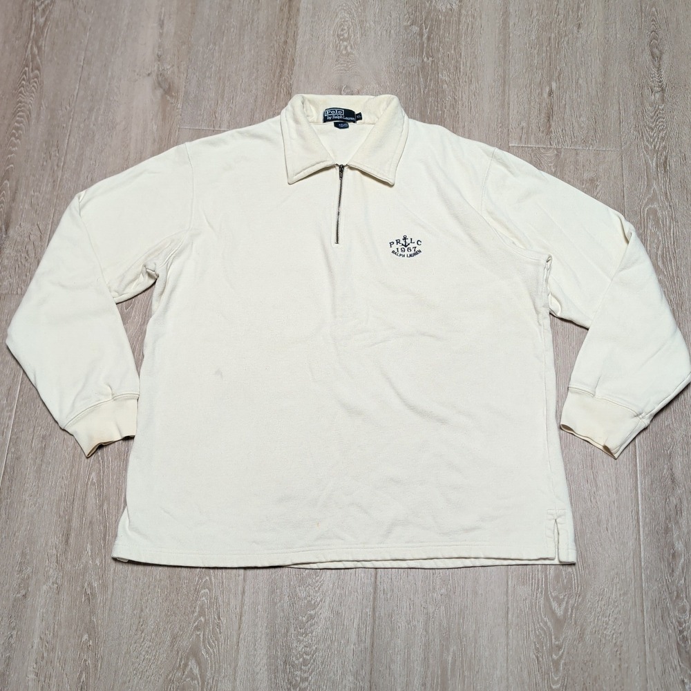Vintage 90s Polo Ralph Lauren Quarter Zip Pullover Mens XL Cream Nautical Anchor